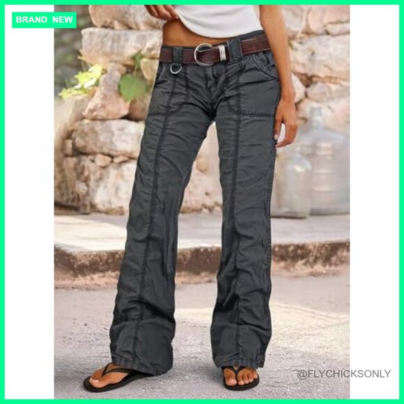 Mid Rise Straight Leg Cargo Pants with Patch Pockets Casual Cotton Blend - Picture 3 of 7